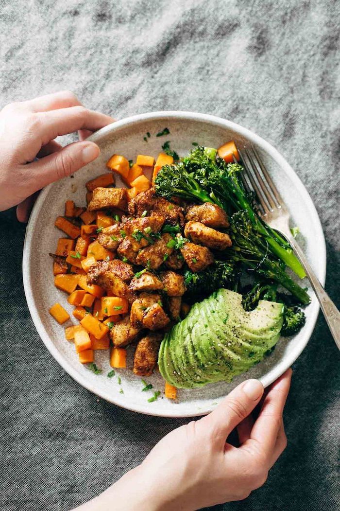 sweet potatoes, with asparagus, avocado slices, foods to avoid to lose weight, ceramic plate