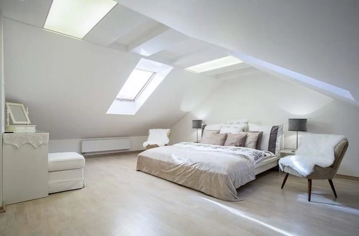 wooden floor, white walls, white ceiling with skylights, vaulted vs cathedral ceiling, white ottoman