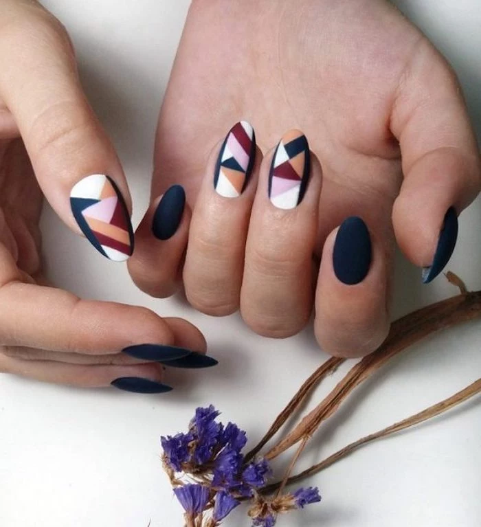 dark blue, purple and pink, nude and white, matte nail polish, geometrical design, nail decorations, september nail colors