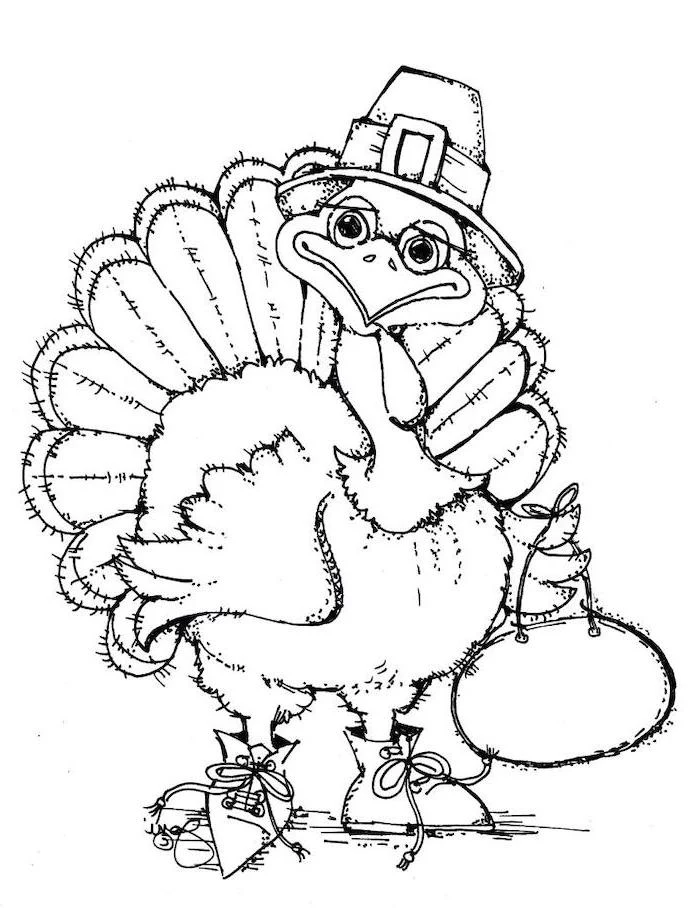 turkey with a hat, bag and shoes, free printable thanksgiving coloring pages, black and white sketch
