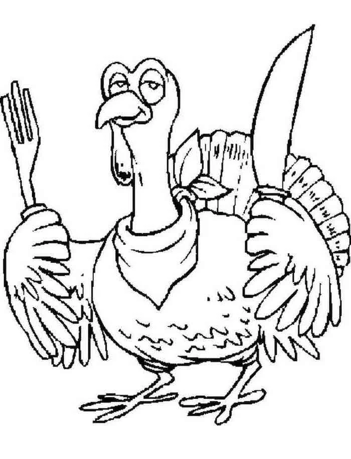 happy thanksgiving coloring pages, turkey with a bib, holding a fork and knife, black and white sketch
