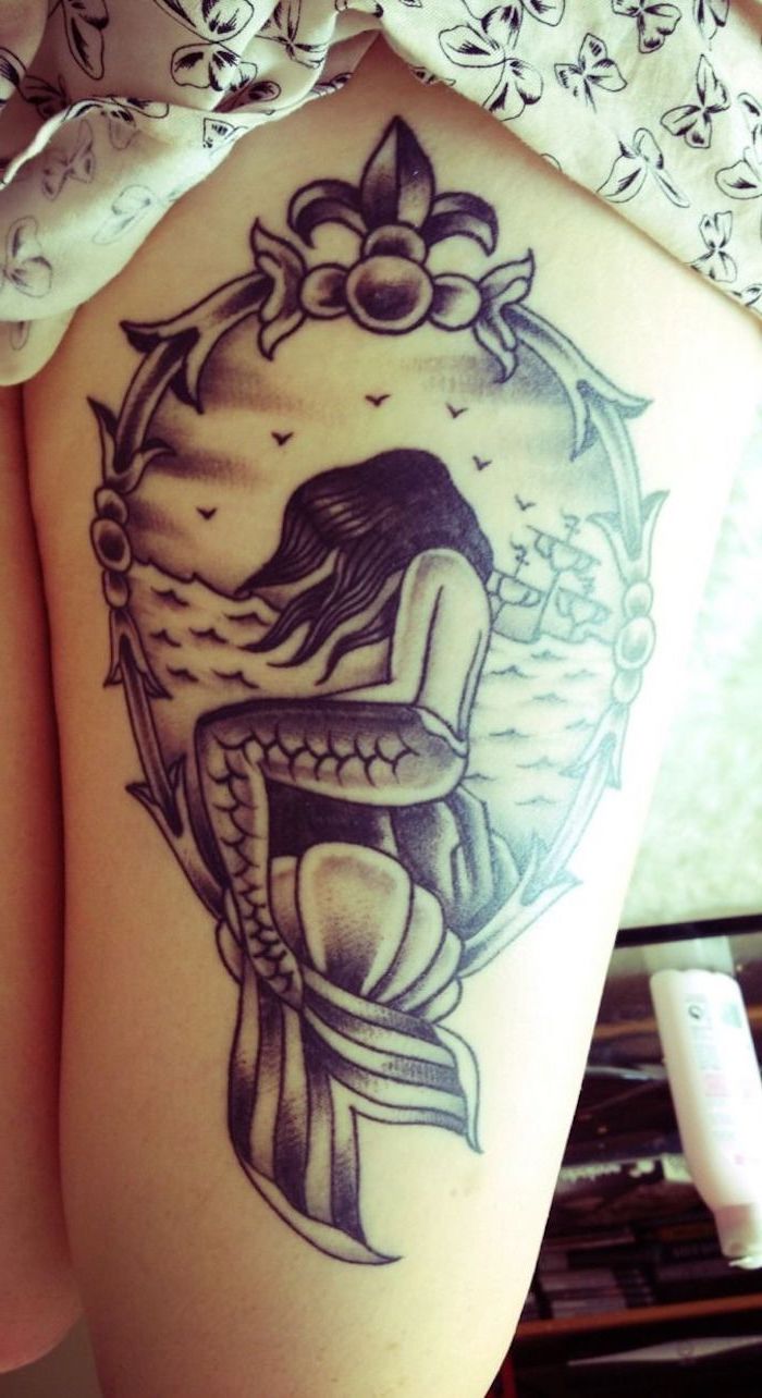 mermaid sitting on rock, boat in the sea, inside a frame, cute thigh tattoos, white dress