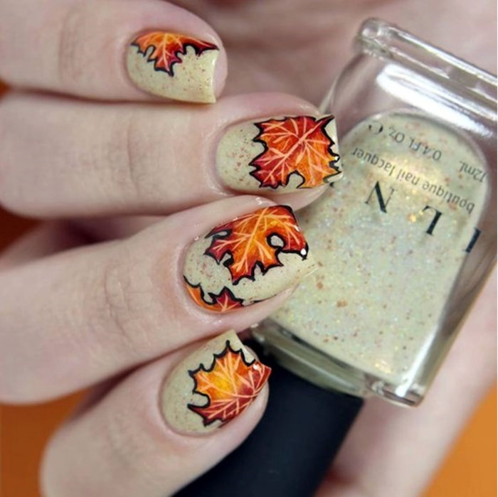 september nail colors, white glitter, nail polish, orange and yellow, fall leaves, nail decorations, square nails