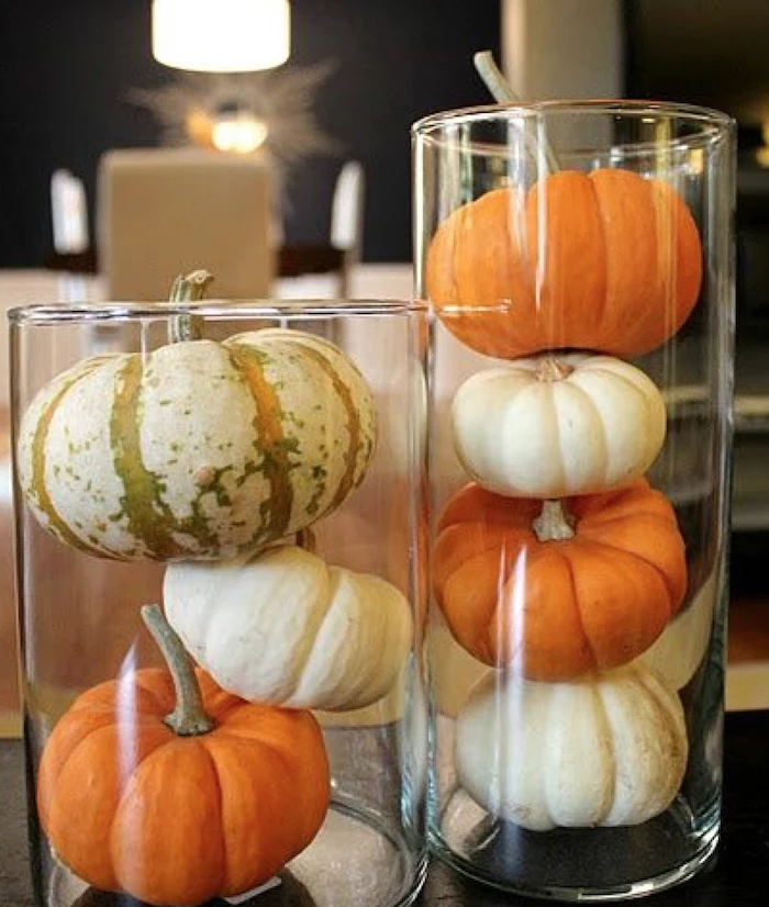small pumpkins, arranged in tall, glass vases, happy thanksgiving sign, blurred background