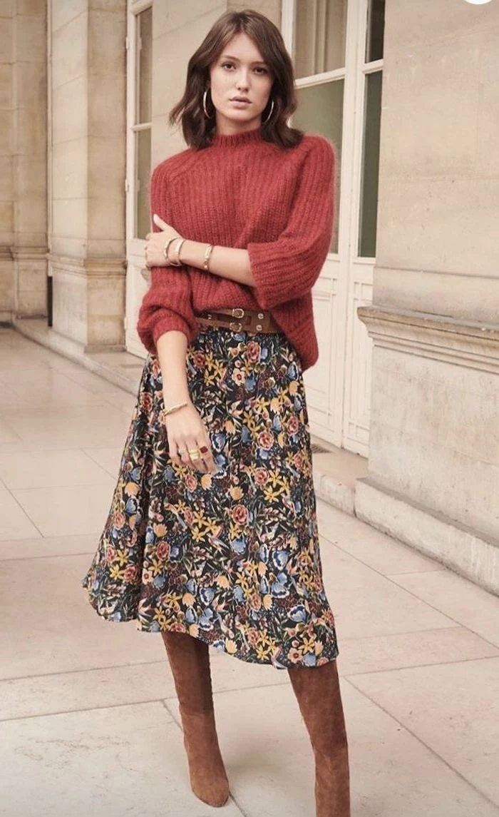 woman wearing floral skirt, red sweater and brown velvet boots, medium hairstyles 2019, brown wavy hair