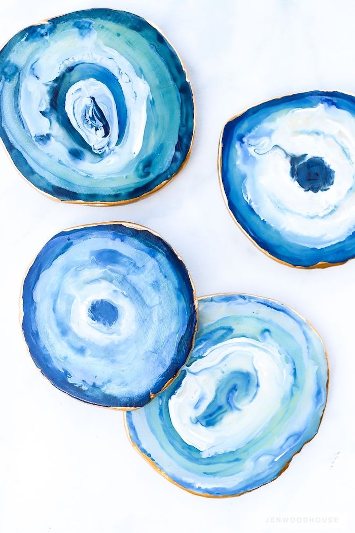 agate coasters painted in blue, gifts for mom, step by step diy tutorial, white background