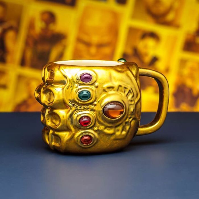 avengers inspired, thanos infinity gauntlet muf, christmas gifts for boyfriend, placed on blue surface