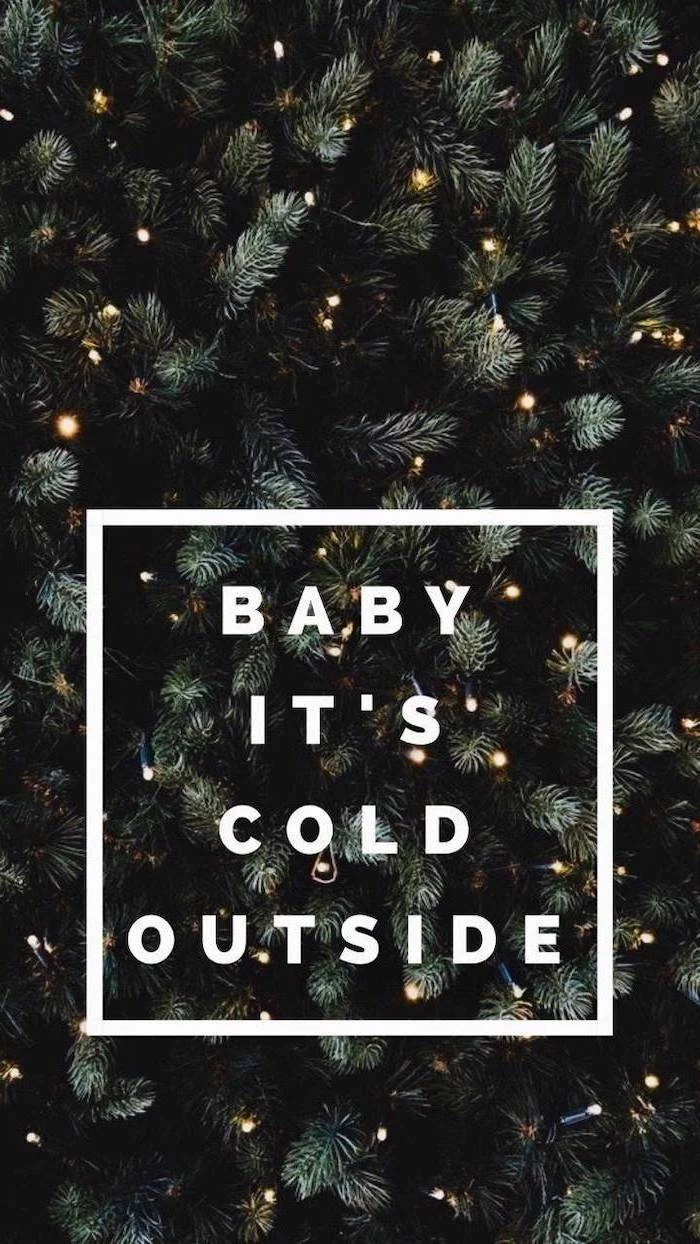 baby it's cold outside, written over a tree, decorated with lights, free desktop wallpaper
