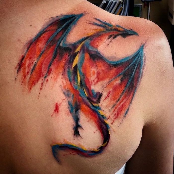 back of shoulder tattoo, japanese dragon tattoo, large watercolor dragon