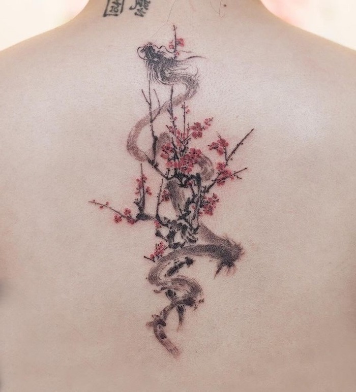dragon intertwined with blossoming tree branches, japanese dragon tattoo, back tattoo, white background