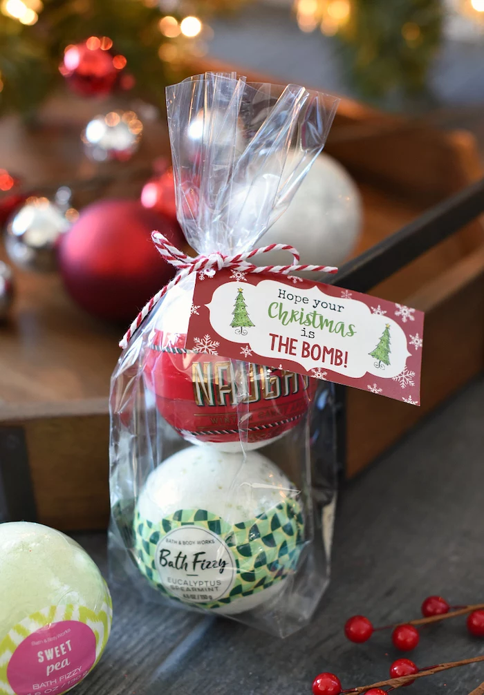 christmas gifts for mom, set of two bath boms, hope your christmas is the bomb, placed in a small bag with a ribbon