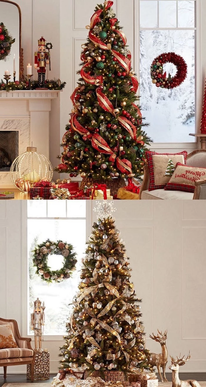 two photos of decorated christmas trees, how to decorate a christmas tree, trees with gold red and green ornaments