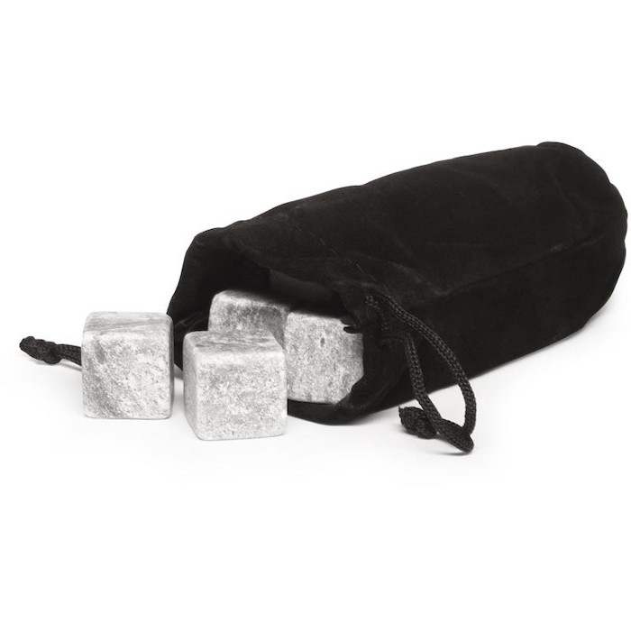 black velvet pouch, stone ice cubes inside, christmas gift ideas for him, placed on white surface, white background