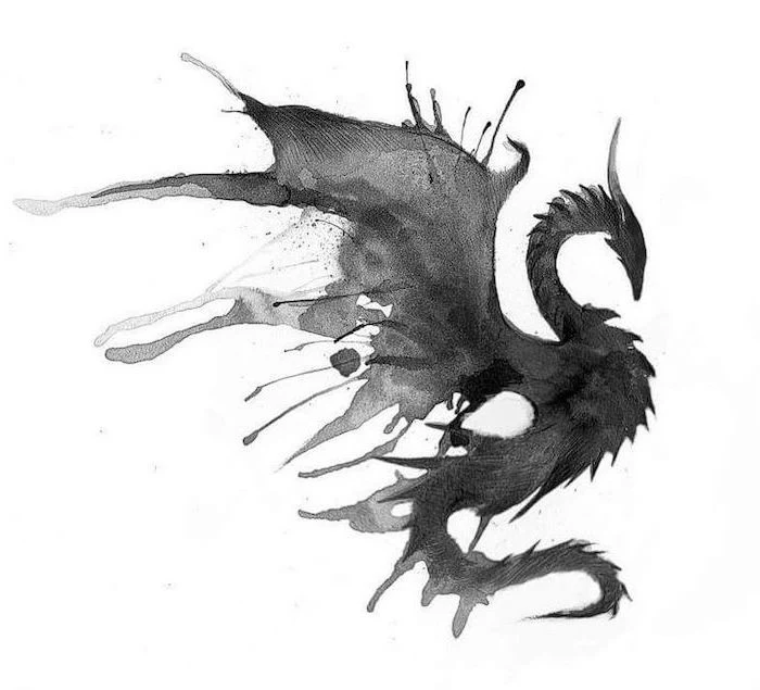 watercolor drawing of a flying dragon, on white background, dragon tattoo