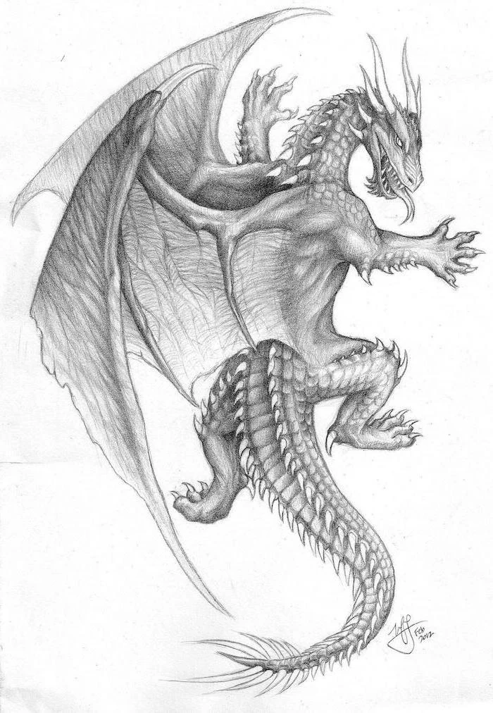 black and white pencil sketch, dragon back tattoo, white background, scary dragon