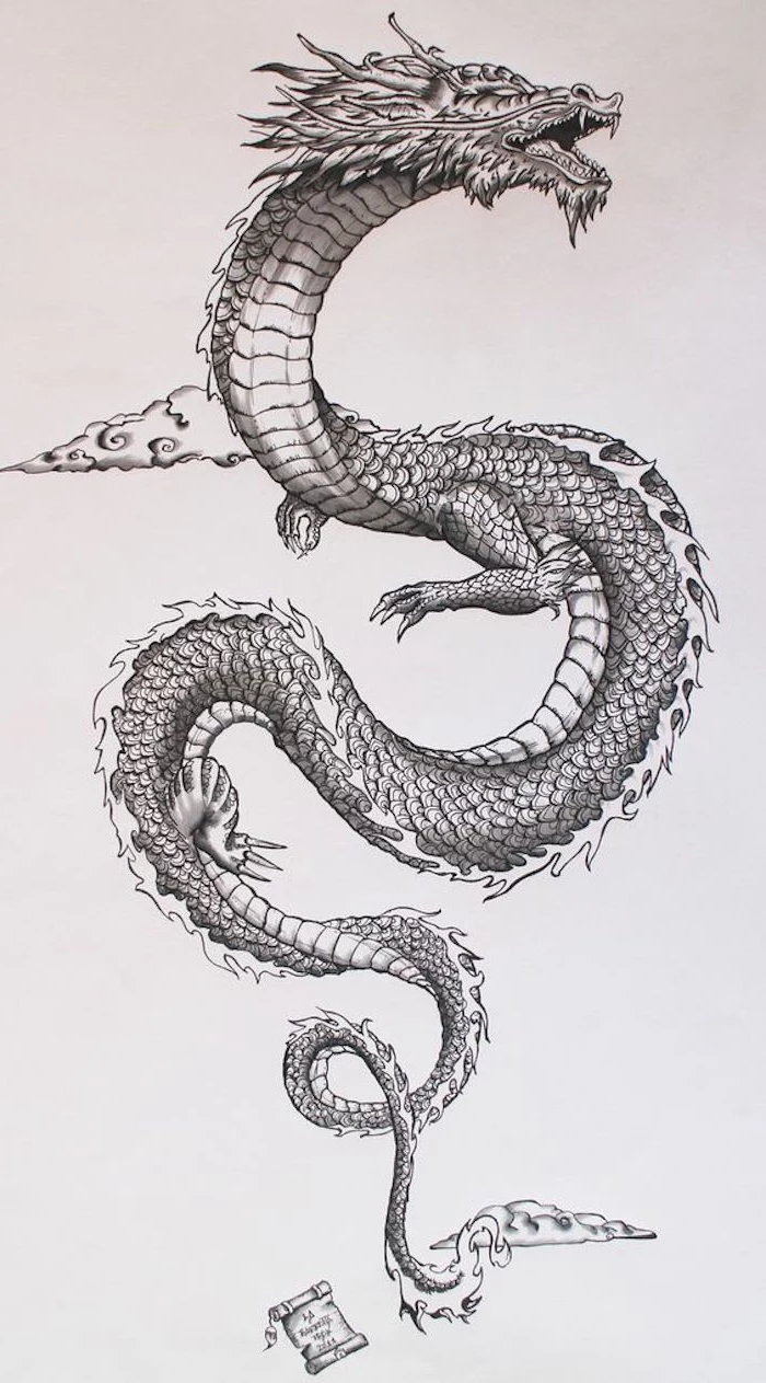 black and white pencil sketch, of a large dragon flying in the air, dragon tattoo, white background
