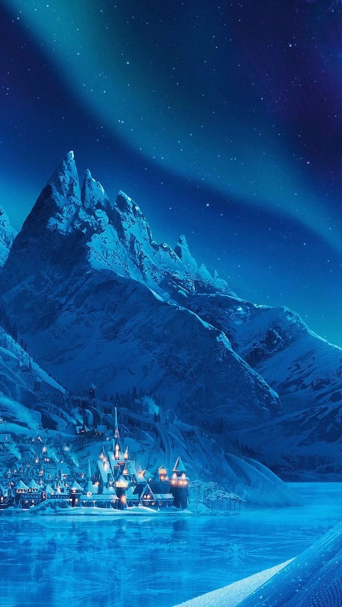 arendelle from frozen, northern lights in the sky, mountain landscape, frozen lake, free wallpapers and backgrounds