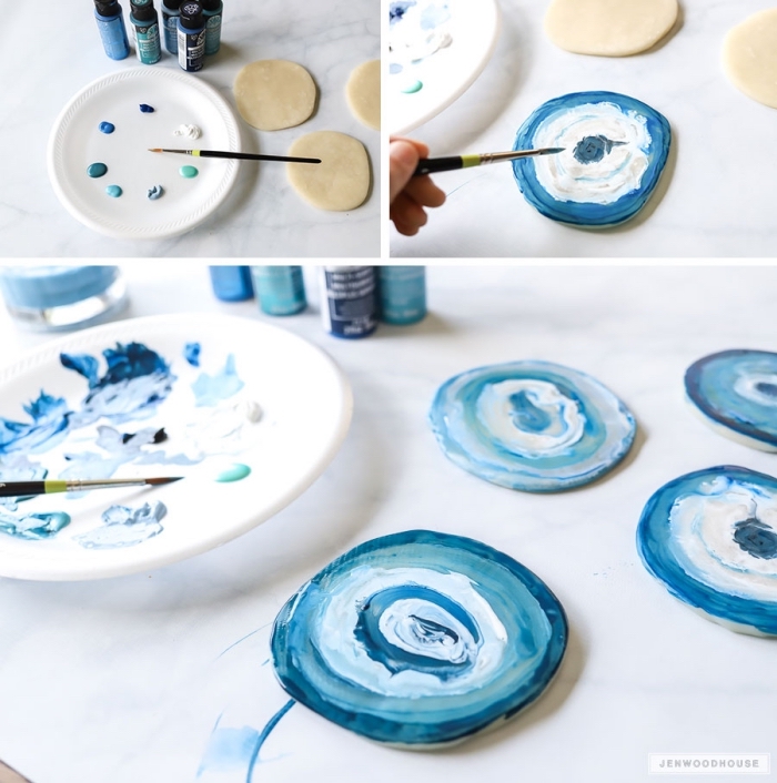 gifts for mom, photo collage, step by step diy tutorial, painting clay coasters in blue and white