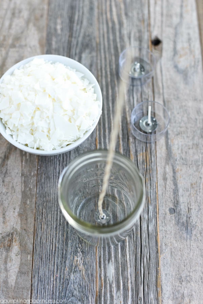 wax shavings in white bowl, candlewick in an empty mason jar, what to get mom for christmas, step by step diy tutorial