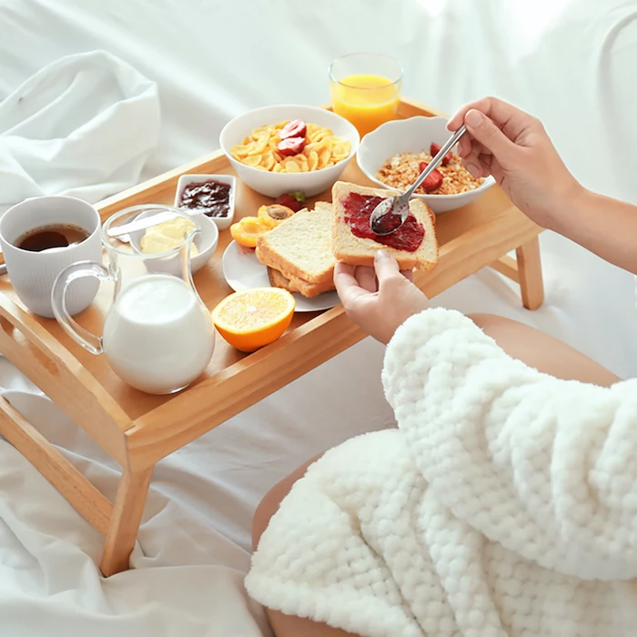 gifts for mom from daughter, wooden breakfast serving tray, breakfast in bed, woman wearing white cozy robe