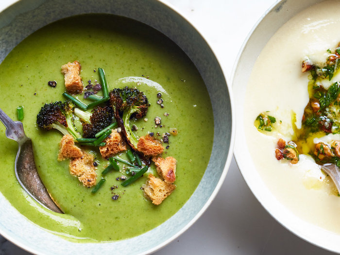 broccoli soup with croutons, baked broccoli on top for garnish, in ceramic bowls, chicken tortellini soup