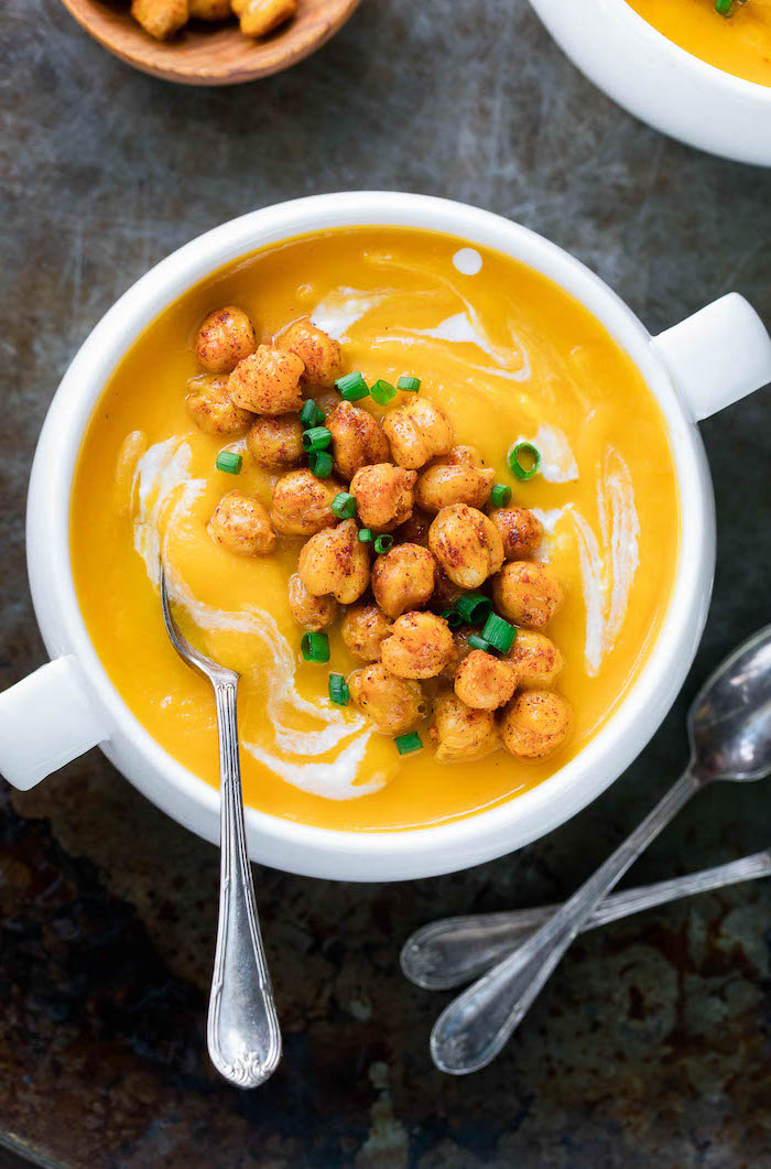 butternut squash soup, chickpeas on top fro garnish, in white ceramic bowl, how to make potato soup, granite countertop