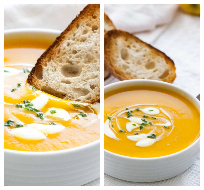 butternut squash cream soup, bread dipped in it, easy soup recipes, side by side photos, white table cloth