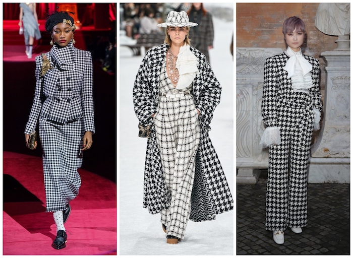 three different outfits in black and white, fall winter 2019 2020 trends, side by side photos of models walking down the runway