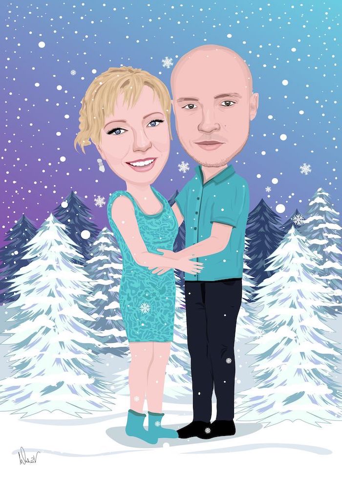 caricature of man and woman hugging, gifts for boyfriend, forest landscape behind them, snowflakes falling from the sky