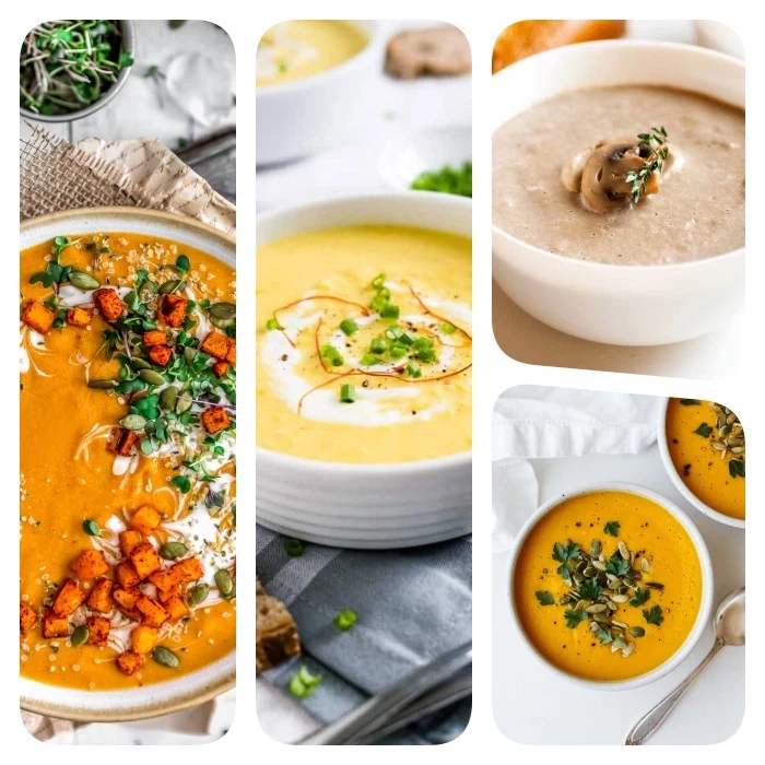 creamy soup recipes, photo collage of different soups, all in white bowls, with different garnishes