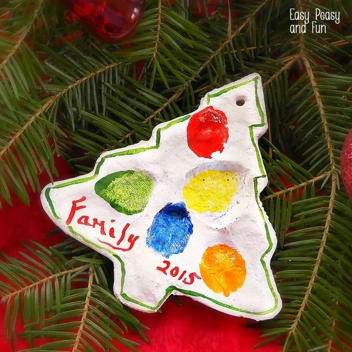 christmas tree shaped ornament, made of salt dough, preschool christmas crafts, colored fingerprints of the family
