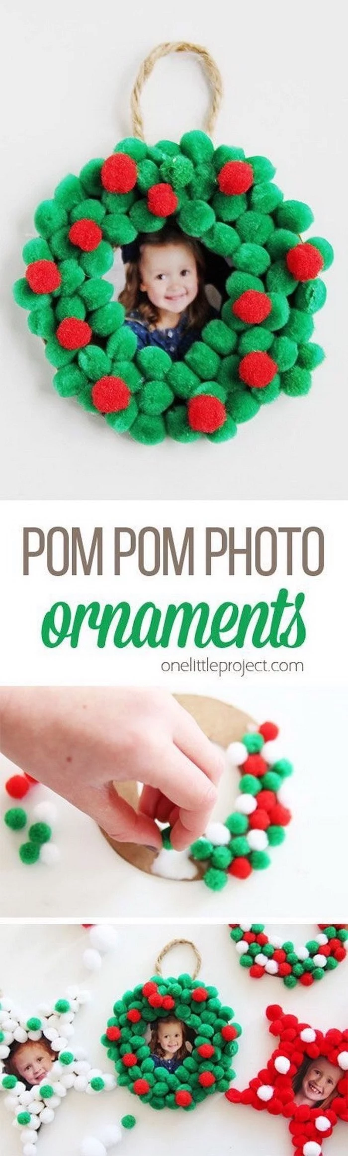 pom pom photo ornaments, christmas ornaments for kids, step by step diy tutorial, photo collage