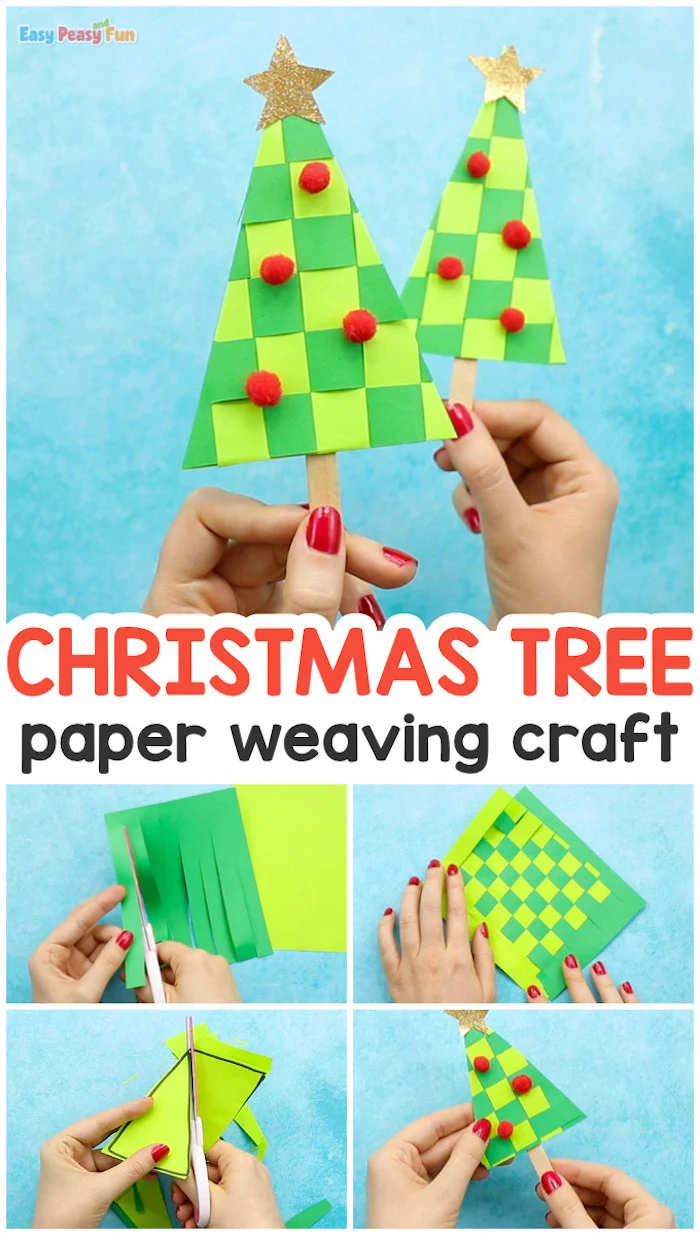christmas tree paper weaving craft, christmas ornaments for kids, photo collage of step by step diy tutorial