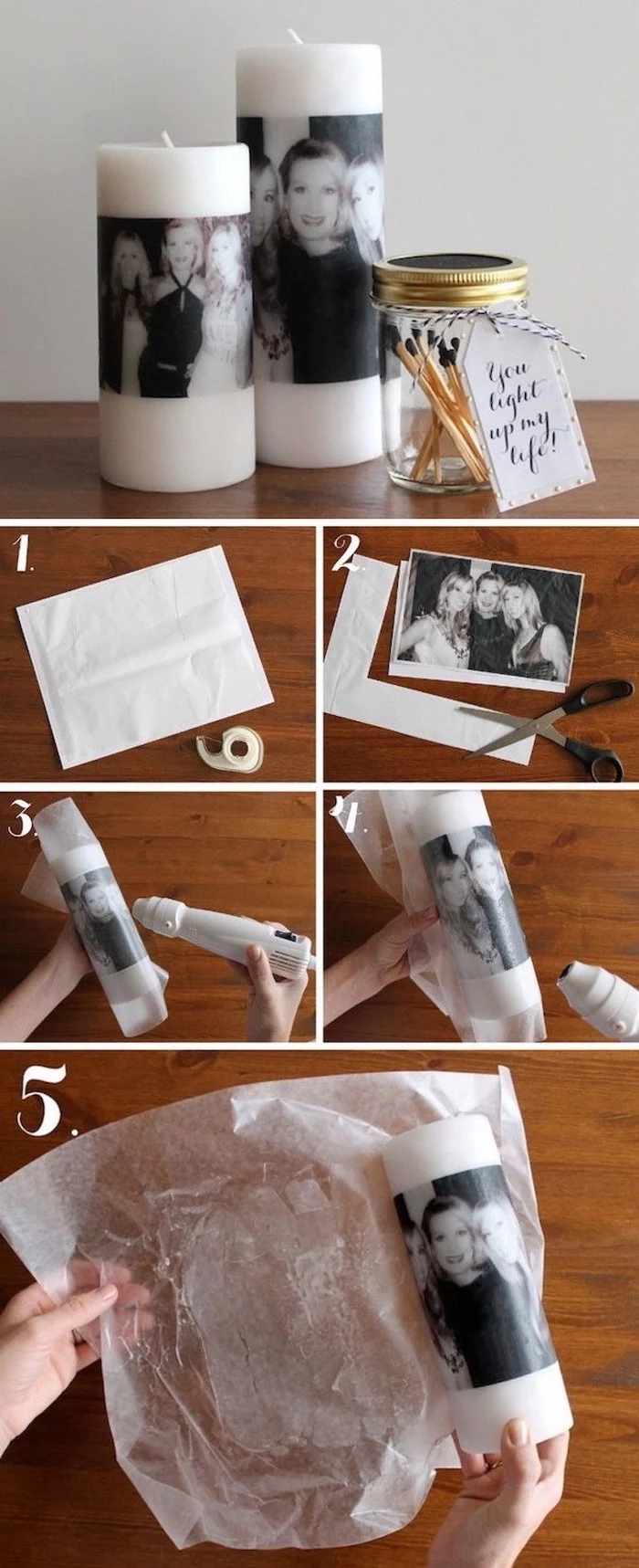 photo collage with step by step diy tutorial, how to print photos on candles, personalised gifts for mom