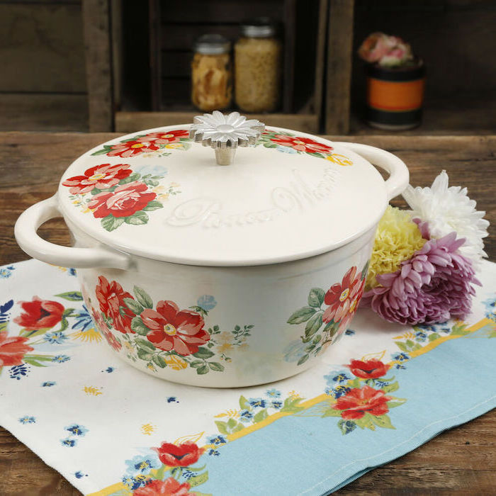 hand painted dutch oven with flowers, matching table cloth, personalised gifts for mom, flowers on the side