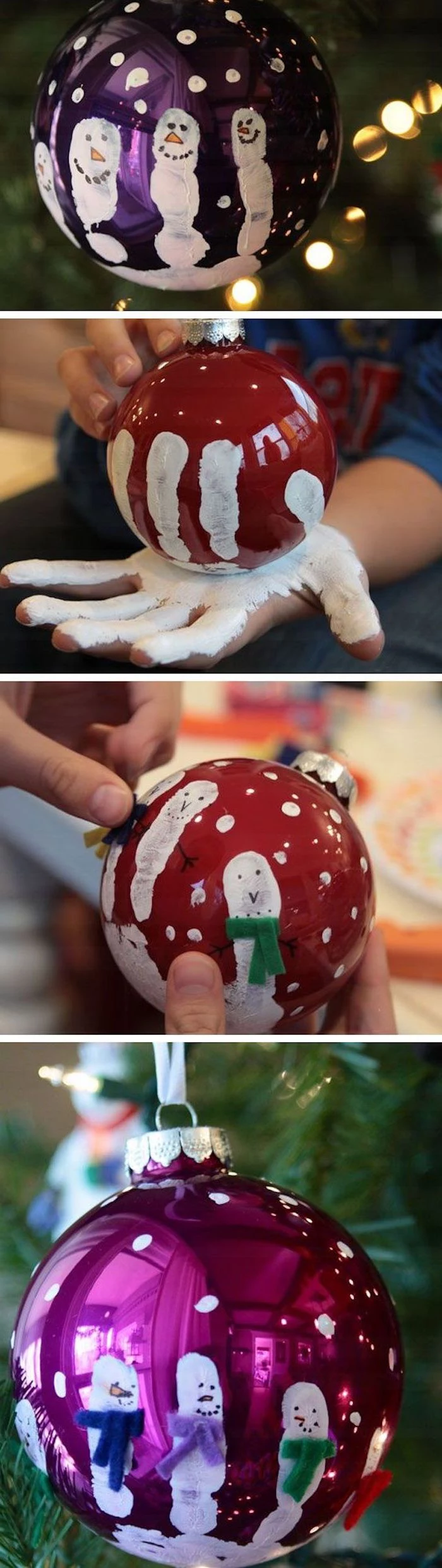 red and purple baubles, child's handprint on them, turned into snowmen with scarves, christmas ornaments for kids