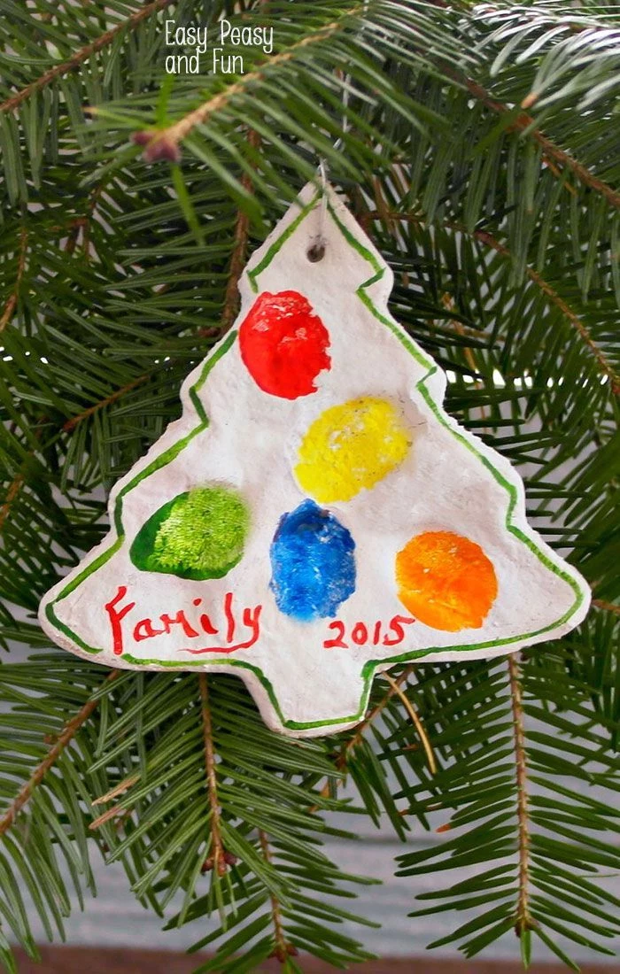 christmas tree shaped ornament, made of salt dough, colored fingerprints of the family on it, preschool christmas crafts