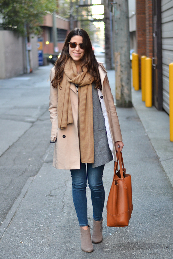 fall trends, woman wearing jeans and grey cardigan, beige blazer and scarf on top, big brown leather bag and sunglasses