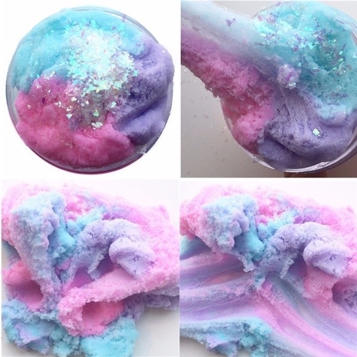 photo collage, cloud slime, how to make slime with glue, purple blue and pink with stars in a jar