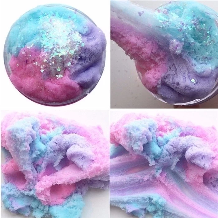 photo collage, cloud slime, how to make slime with glue, purple blue and pink with stars in a jar