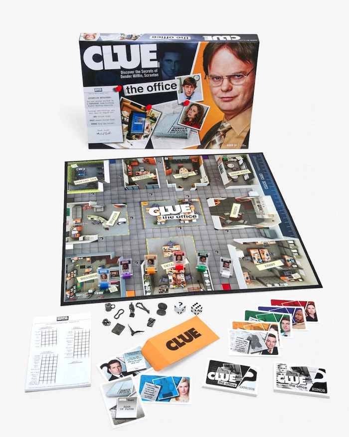 clue the office edition board game, cute gifts for boyfriend, clue with the office characters, placed on white surface