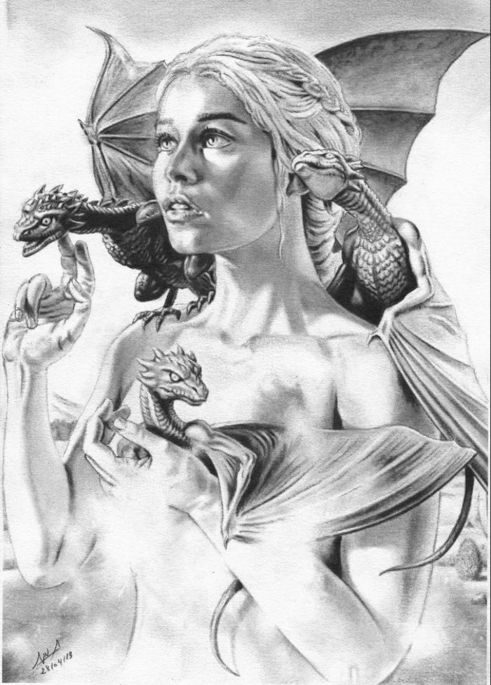 daenerys targaryen with baby drogon, viserion and rheagal, dragon back tattoo, black and white pencil sketch