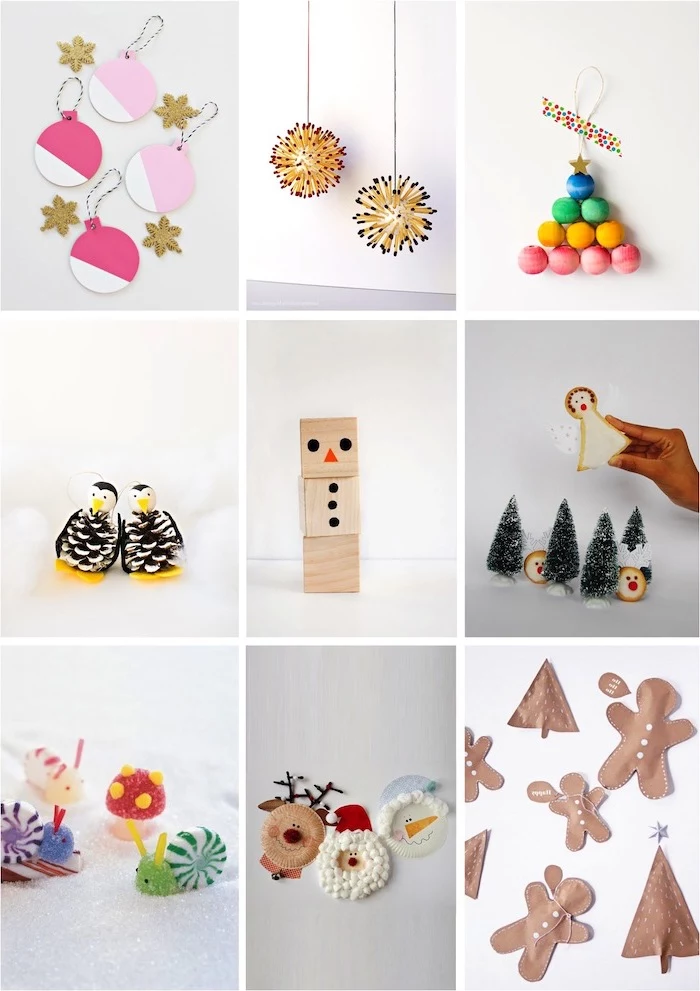 photo collage of different christmas ornaments, christmas crafts for kids, baubles and trees, made with paper and pompoms