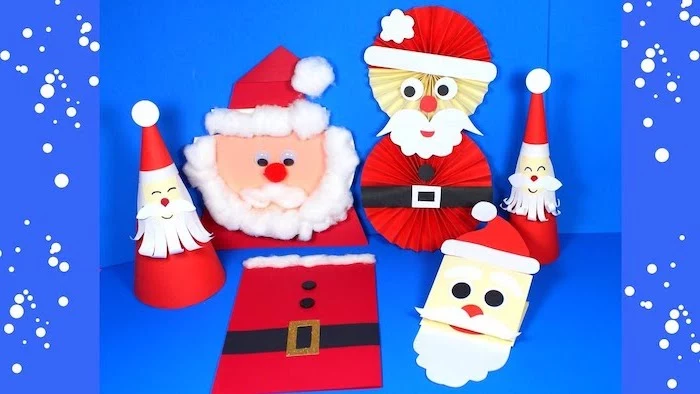 santas made of different things, painted in red with white cotton balls for beards, christmas activities for preschoolers