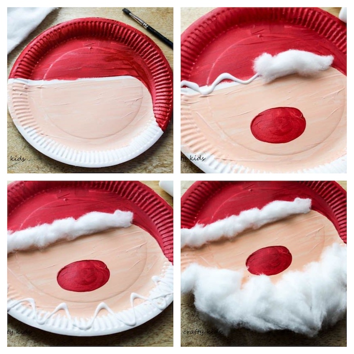 photo collage of step by step diy tutorial, diy christmas crafts, paper plate santa, painted in red with cotton for beard