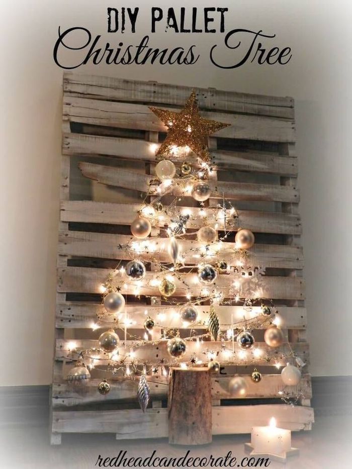 diy pallet christmas tree, step by step diy tutorial, christmas tree decorating ideas, pallet tree with lights and silver ornaments