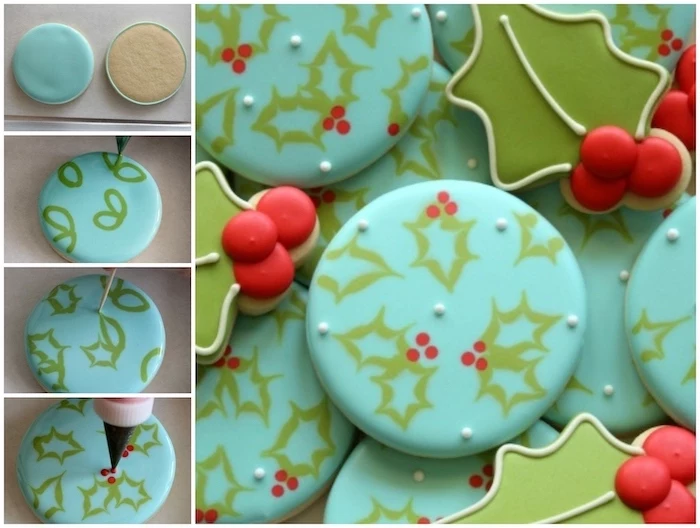 step by step diy tutorial, how to decorate sugar cookies, using green and blue icing, mistletoe decorations