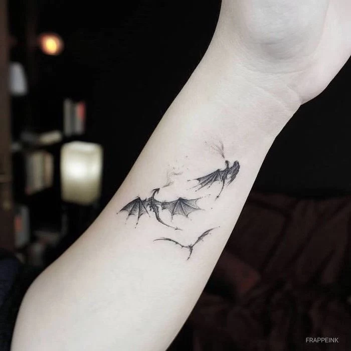 three flying dragons, forearm tattoo, game of thrones characters, japanese tattoo meanings, drogon viserion and rheagal