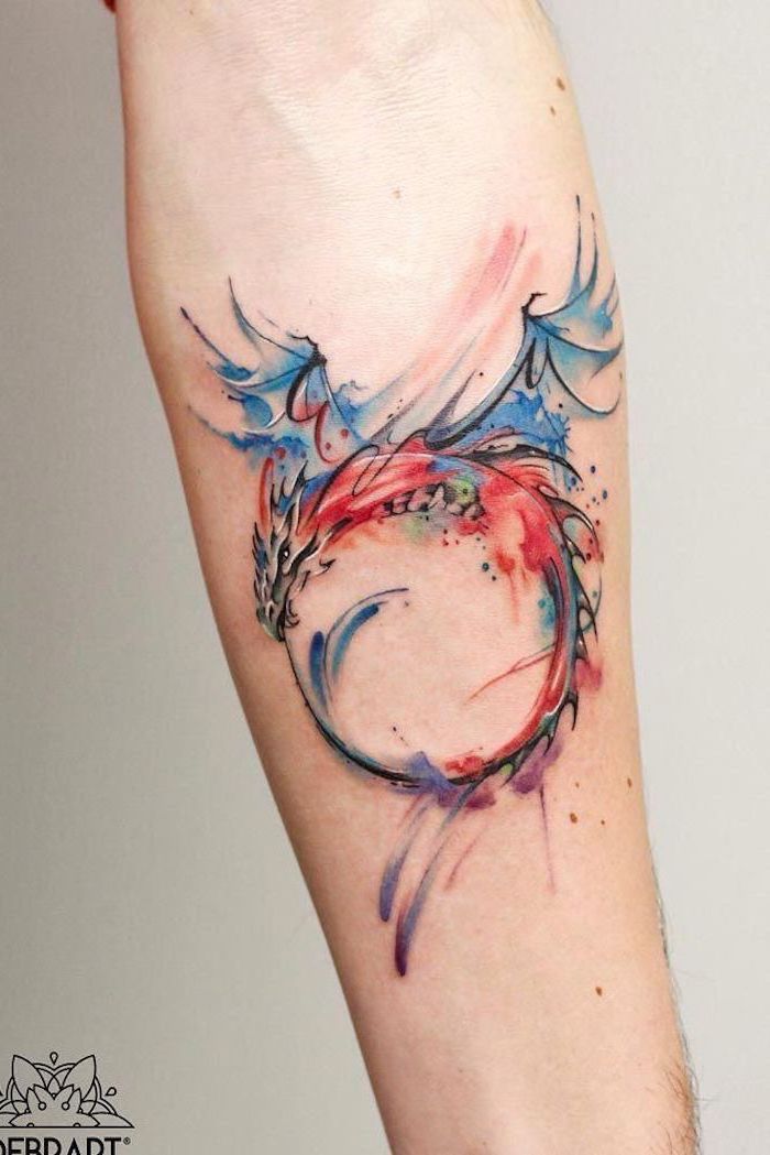 ouroboros watercolor dragon, forearm tattoo, chinese dragon tattoo, white background