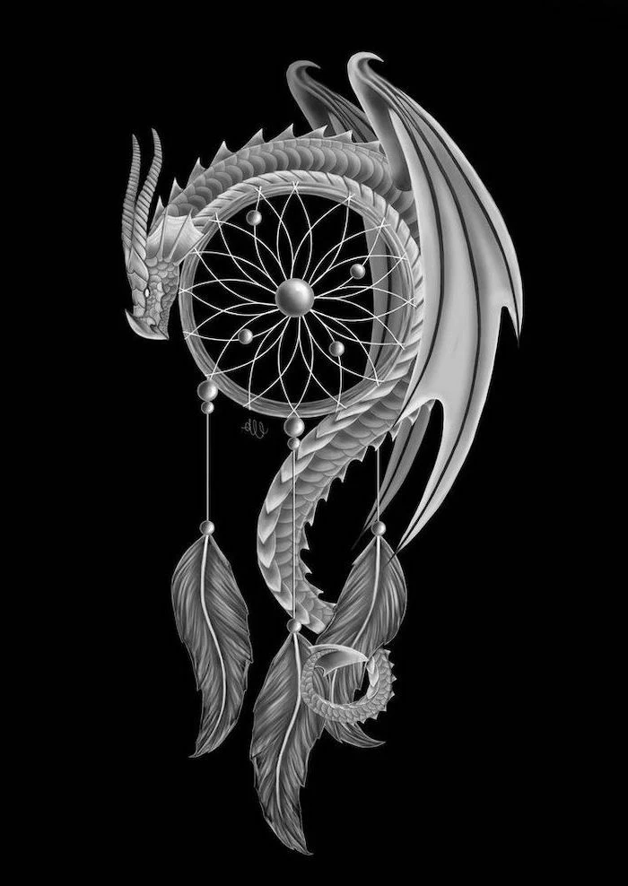 black background, chinese dragon tattoo, large dragon, hanging over dreamcatcher, black and white drawing